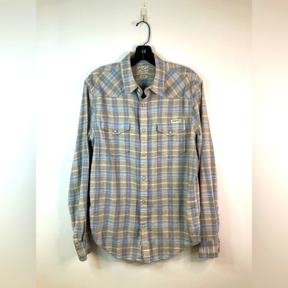 LUCKY BRAND Men’s Tan Blue Plaid Shirt Western Pearl Snap Linen Cotton, sz SM